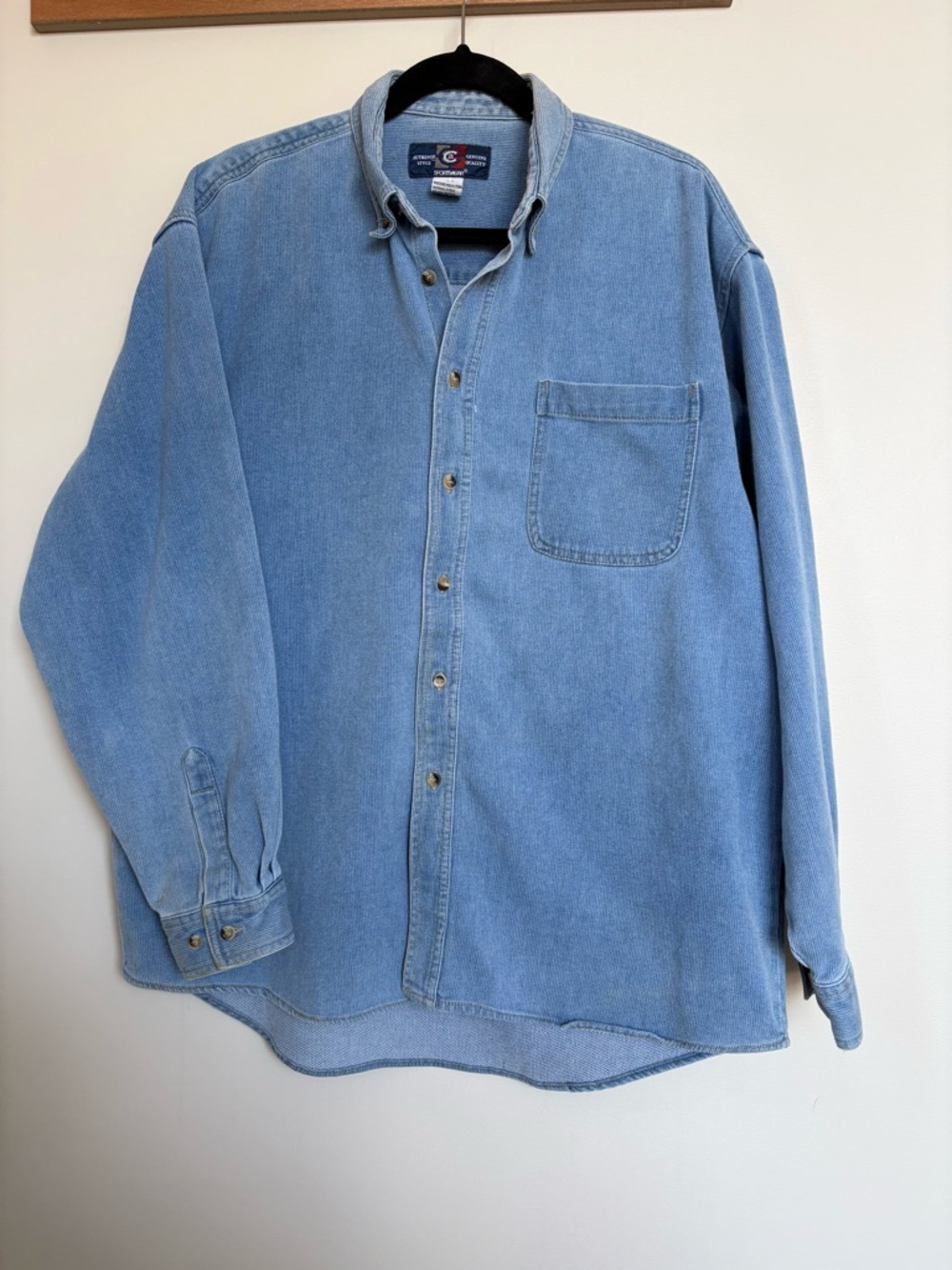 Vintage Chambray Work Shirt Blue Cotton Button Down Large Distressed Workwear